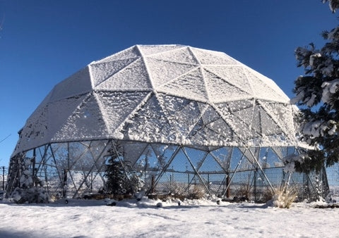 This photo depicts a beautiful 28 Ft diameter aviary covered with a layer of snow.   An extra accumulation on the struts accents the geodesic dome's stimulating pattern.