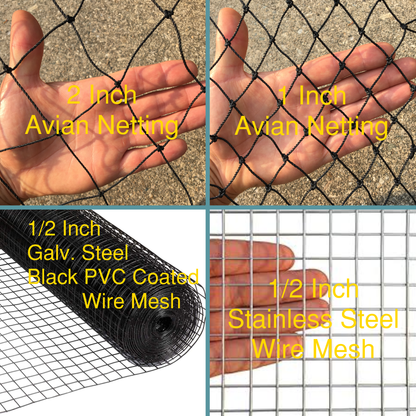 Collage photo depicting two inch avian netting, one inch avian netting, half inch galvanized steel wire mesh with black pvc coating, and half inch stainless steel wire mesh.