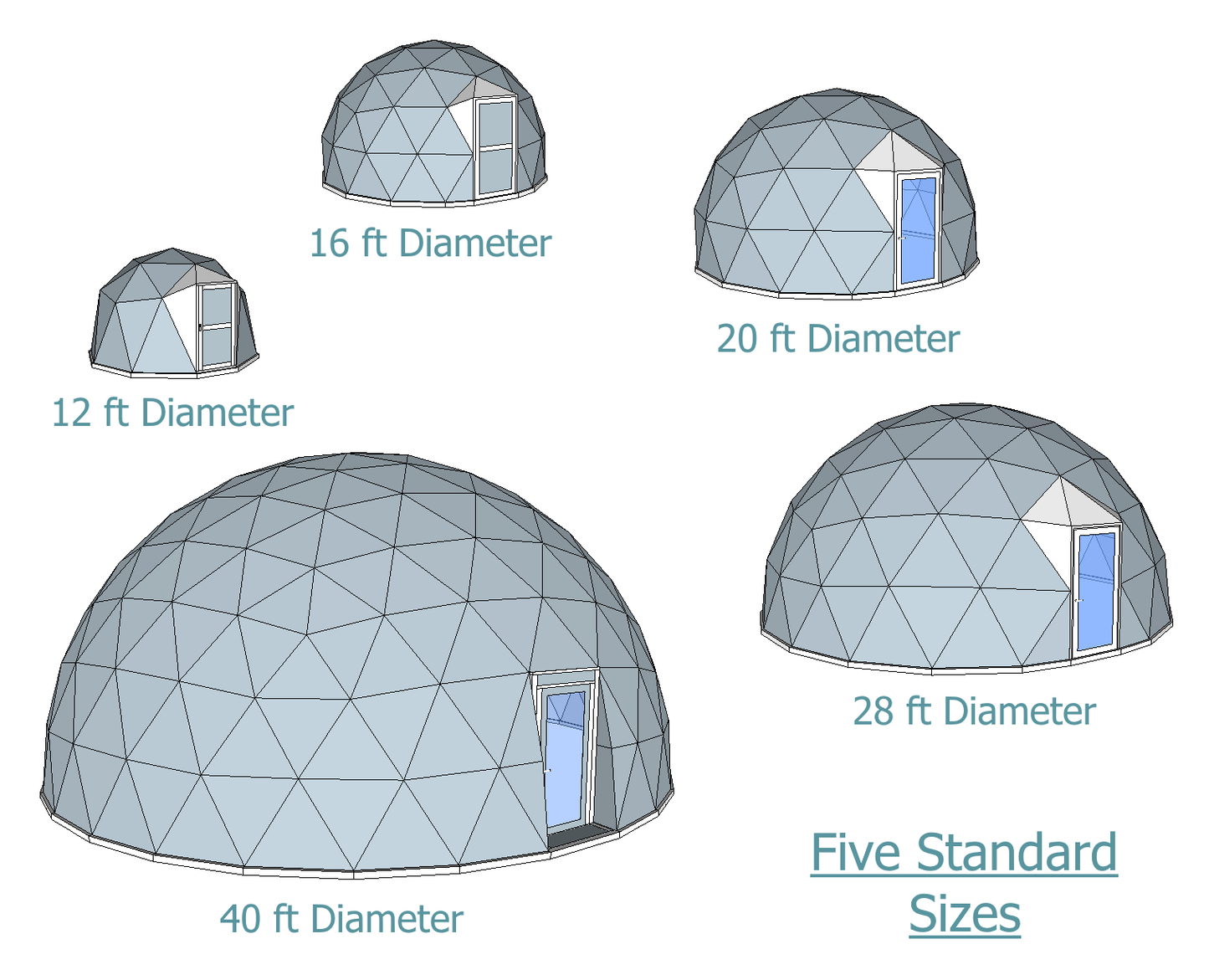 Image depicting five standard dome sizes.