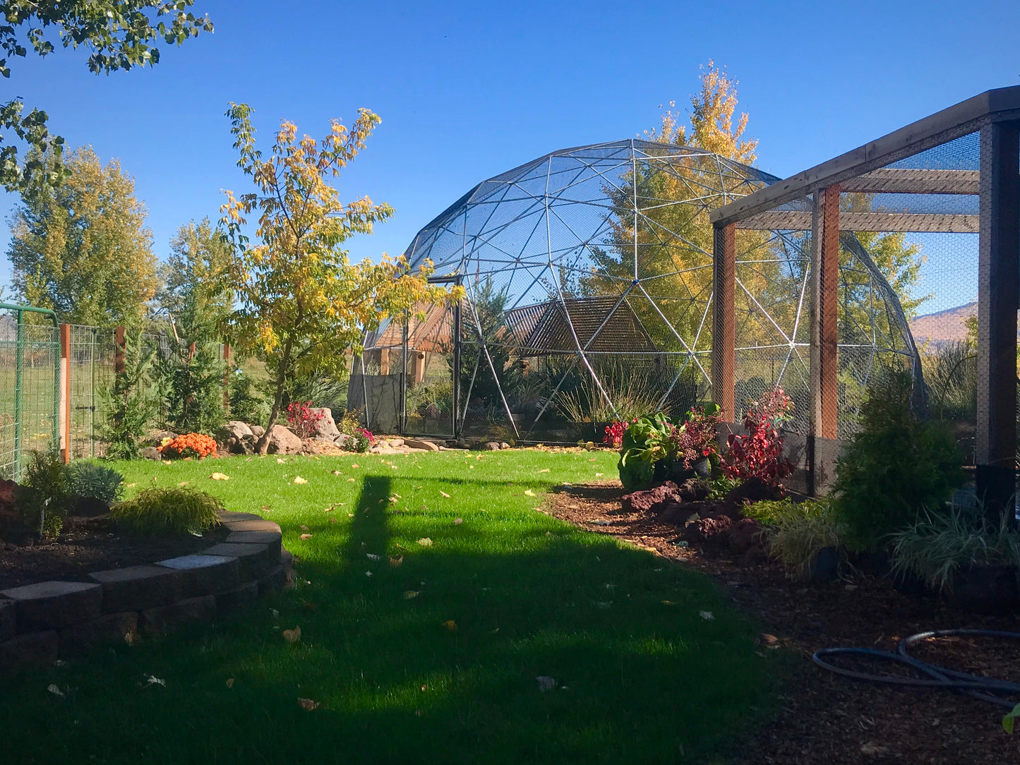 A 28 Ft aviary is profiled by a clear blue sky at the edge of a perfectly manicured lush green lawn.  The garden plantings and distant mountains complete the picture of serenity.