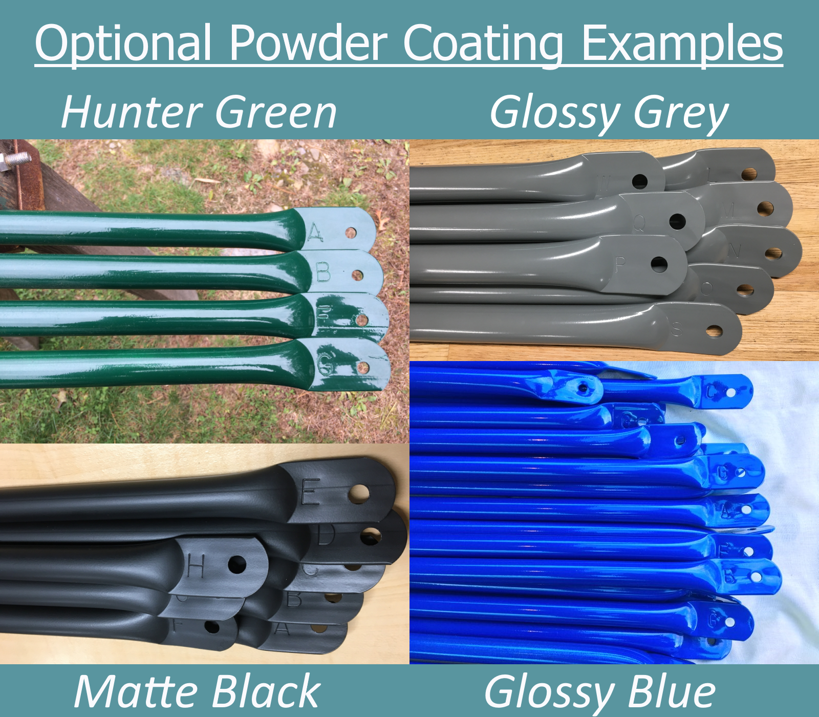 Collage photo depicting struts with hunter green, glossy grey, matte black, and glossy blue powder coating.  Many other colors are available!