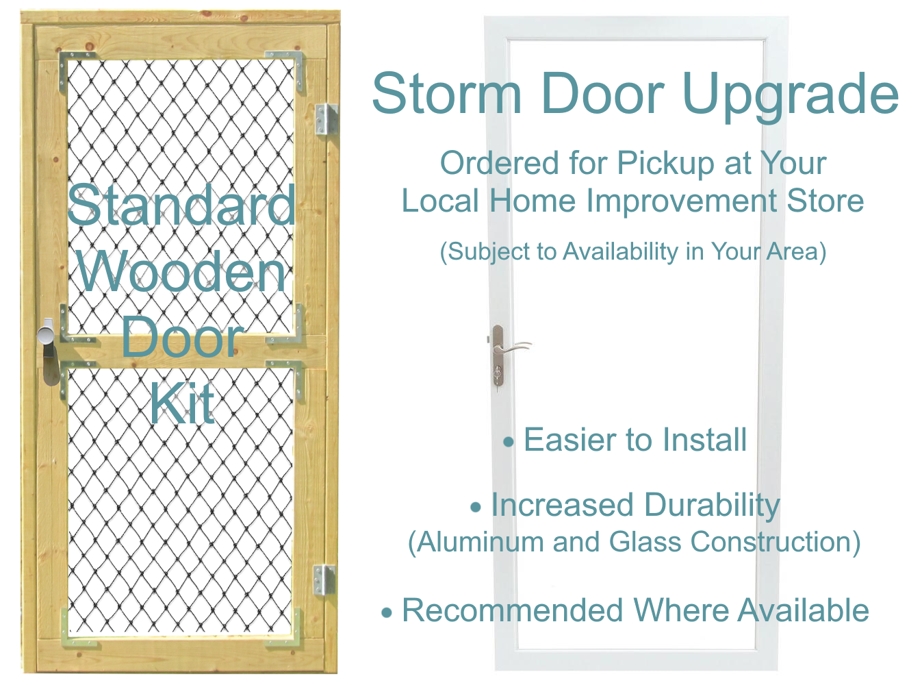 Photo comparing the standard wooden door kit to the storm door upgrade.  The storm door is easier to install, has increased durability, and is recommended where available.